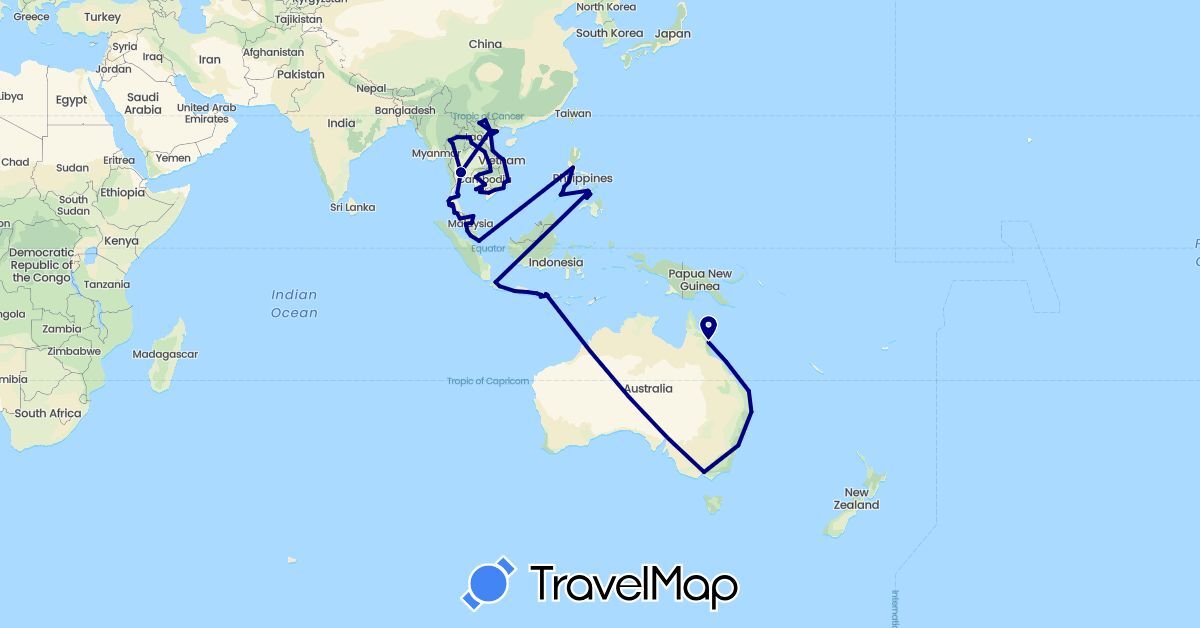 TravelMap itinerary: driving in Australia, Indonesia, Cambodia, Laos, Malaysia, Philippines, Singapore, Thailand, Vietnam (Asia, Oceania)